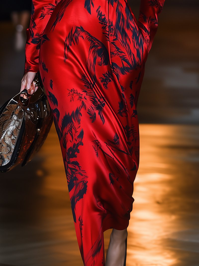 Sophisticated Red Satin Wrap Dress with Bold Black Floral Print