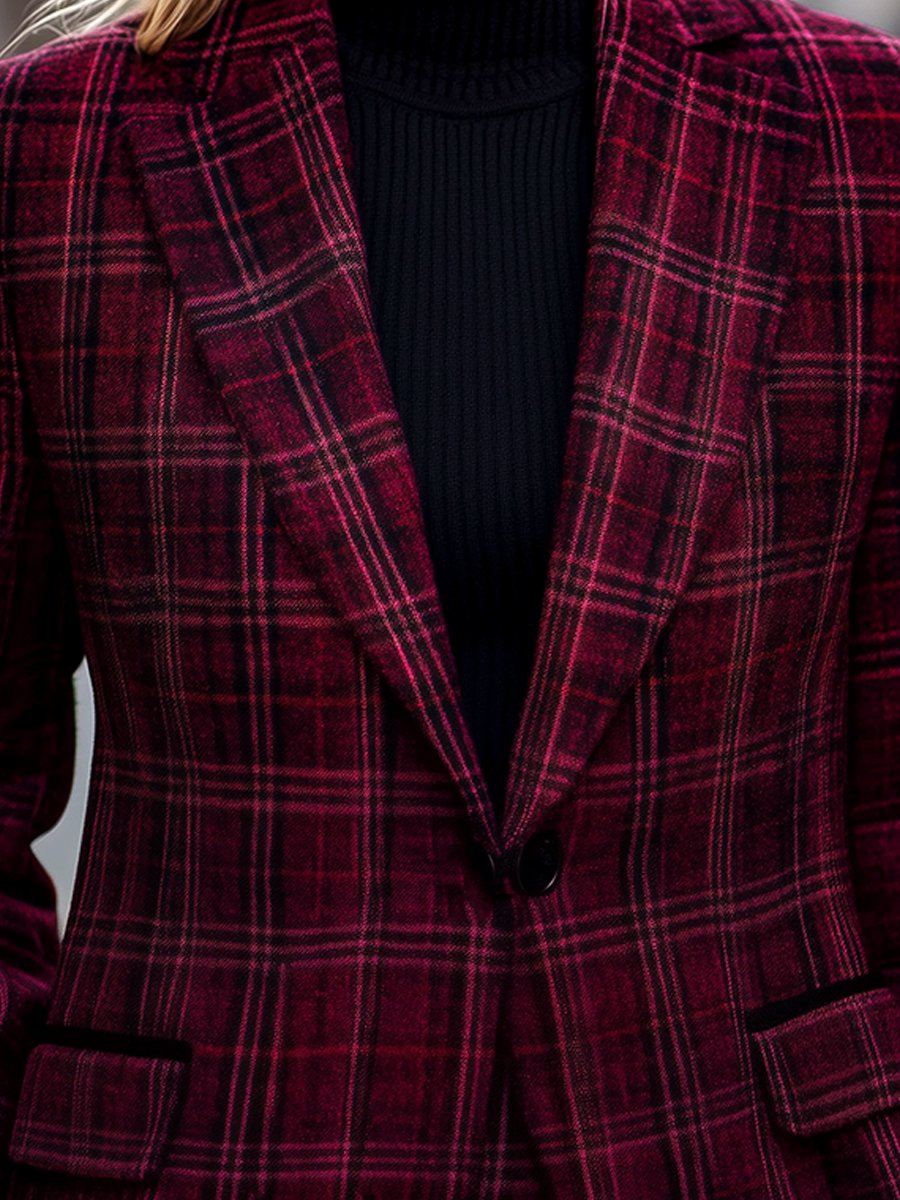 Classic Red Plaid Wool Blazer with Tailored Fit