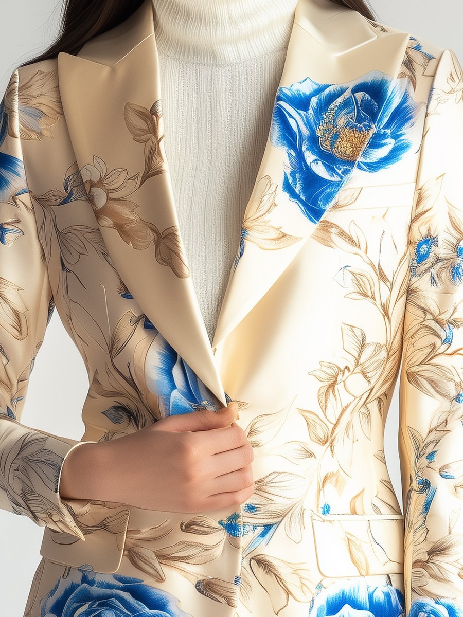 Sophisticated Ivory Satin Blazer with Royal Blue Florals