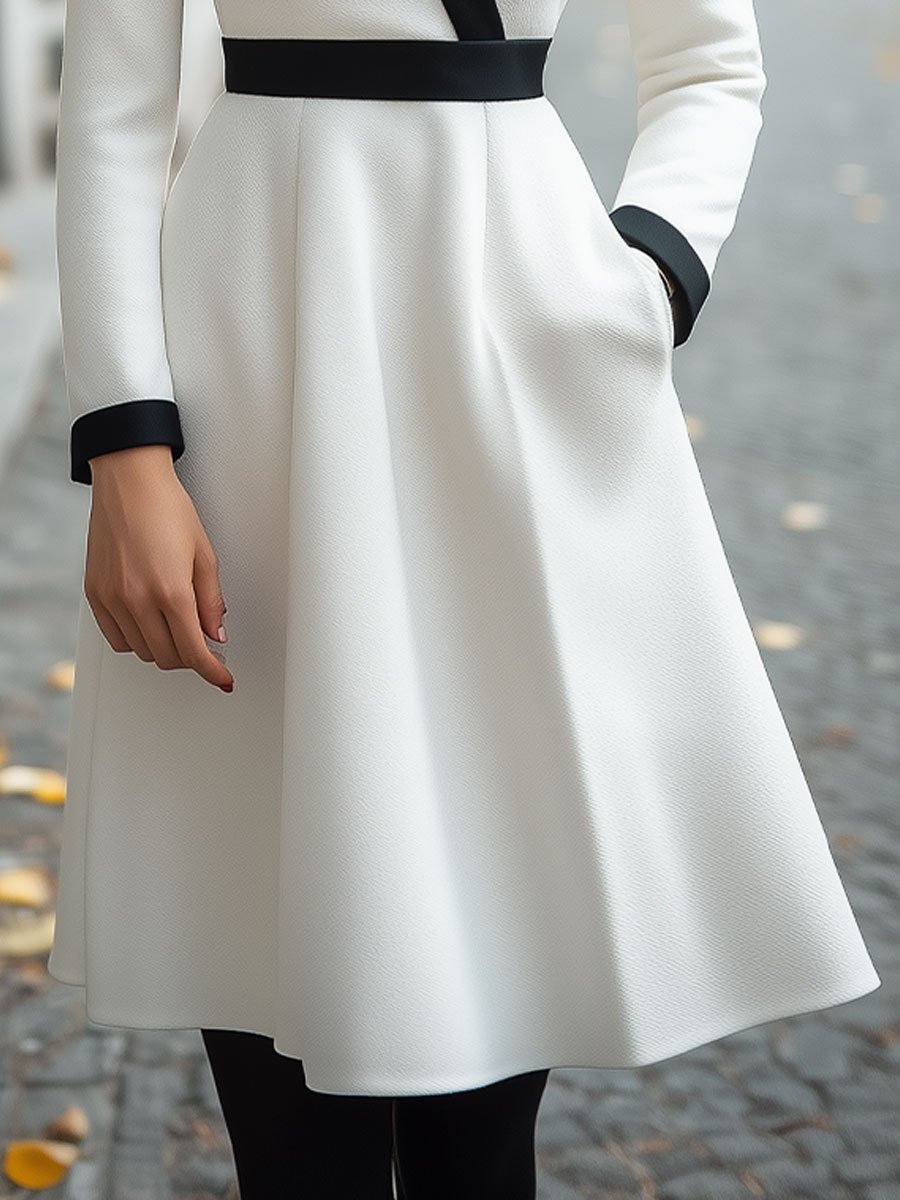 Modern Elegance White Wool Wrap Dress with Black Trim