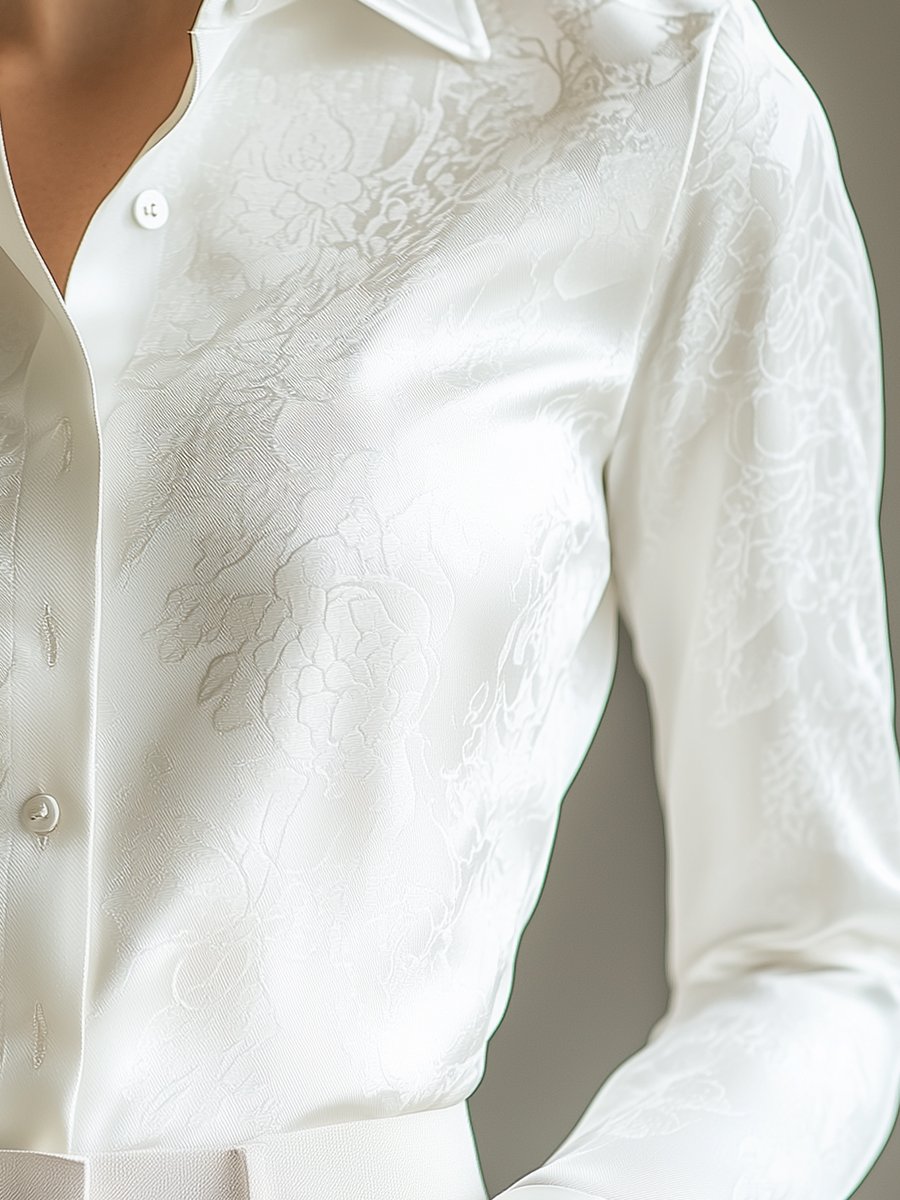 Elegant Ivory Satin Jacquard Shirt