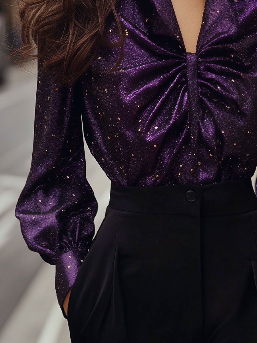 Glittery Twisted Front Satin Purple Blouse