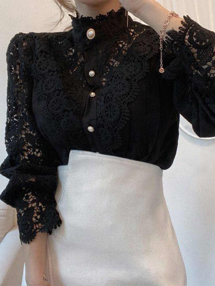 Vintage-Inspired Lace Blouse with Pearl Button Details