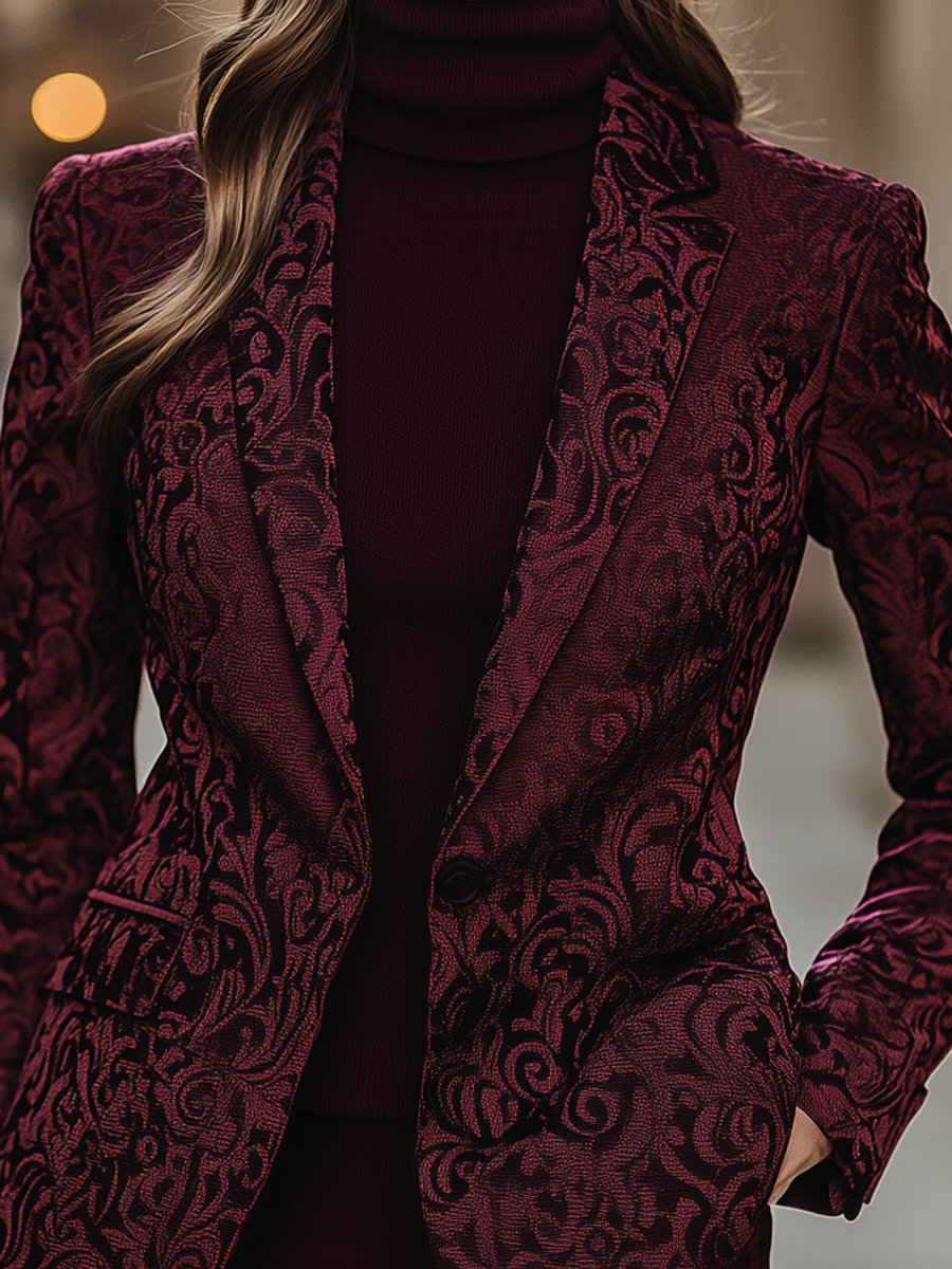 Burgundy Jacquard Blazer with Intricate Jacquard Detailing