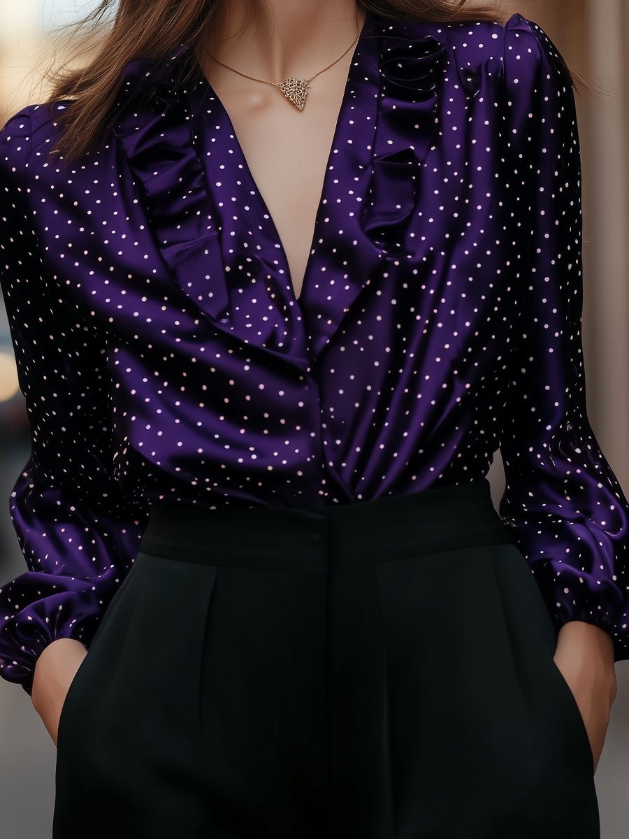 Purple Polka Dot Blouse with Ruffle Detailing