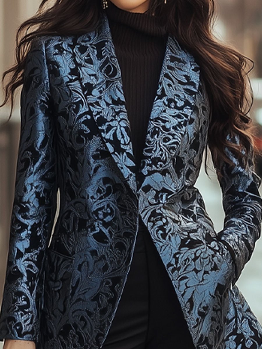 Elegant Blue Brocade Jacquard Blazer with Intricate Patterns
