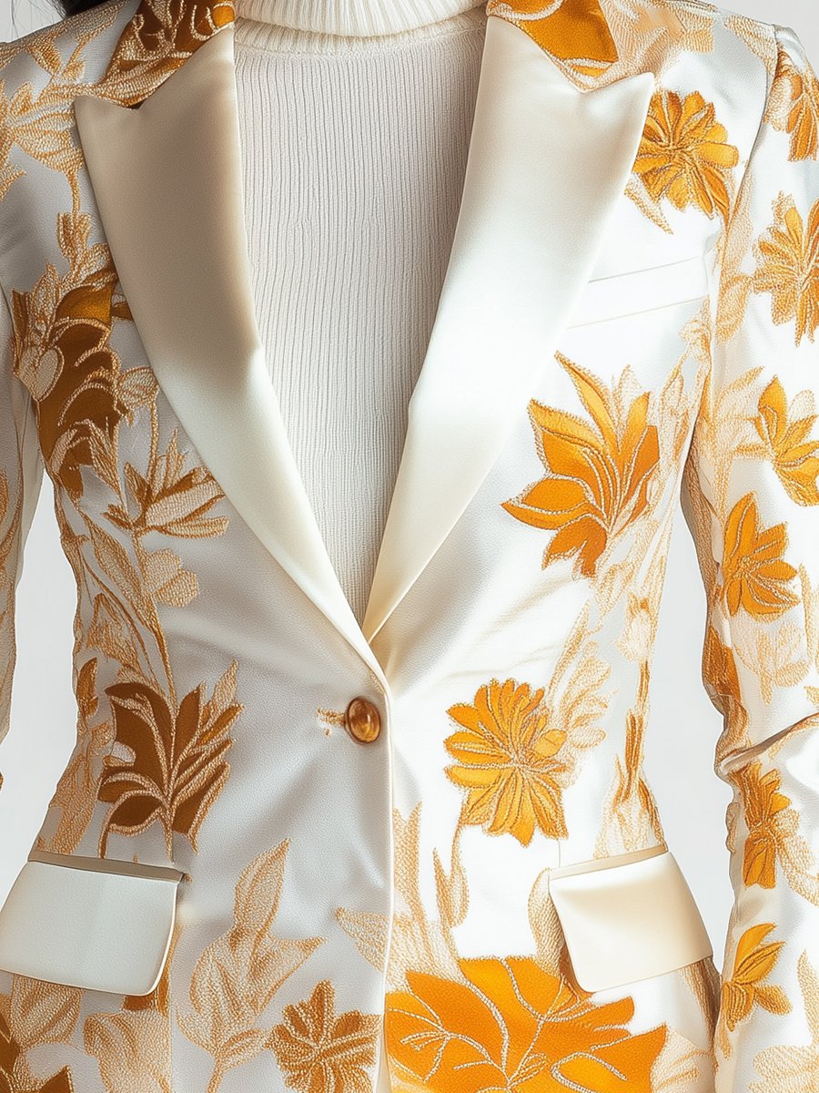 Ivory Satin Blazer with Golden Yellow Floral Motifs