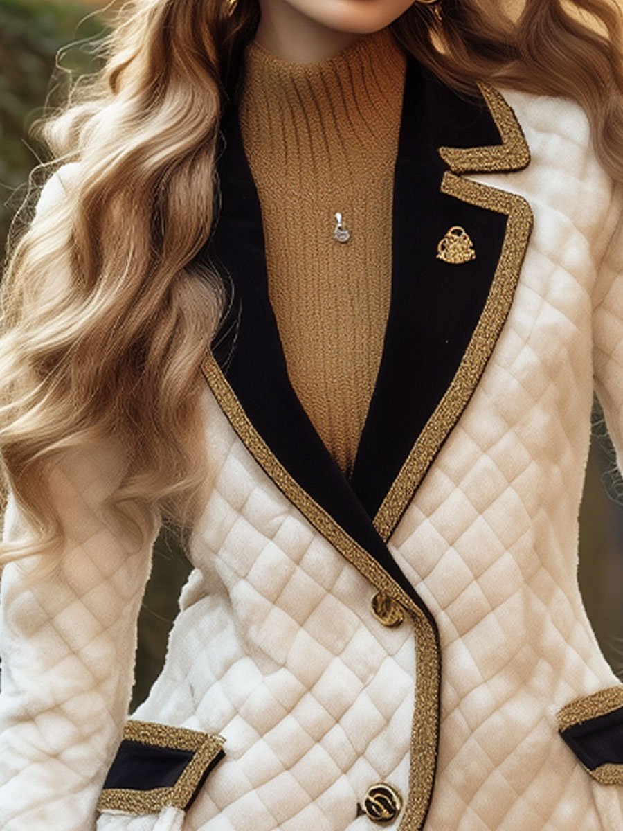 Chic White Quilted Blazer with Black Contrast and Gold Accents