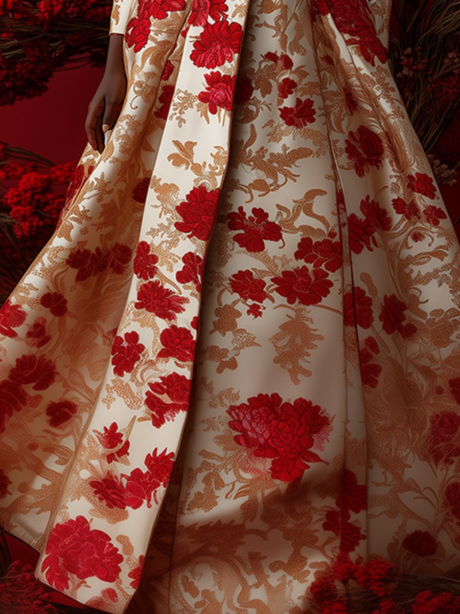 Ivory and Red Satin Jacquard Dress with Bold Floral Patterns