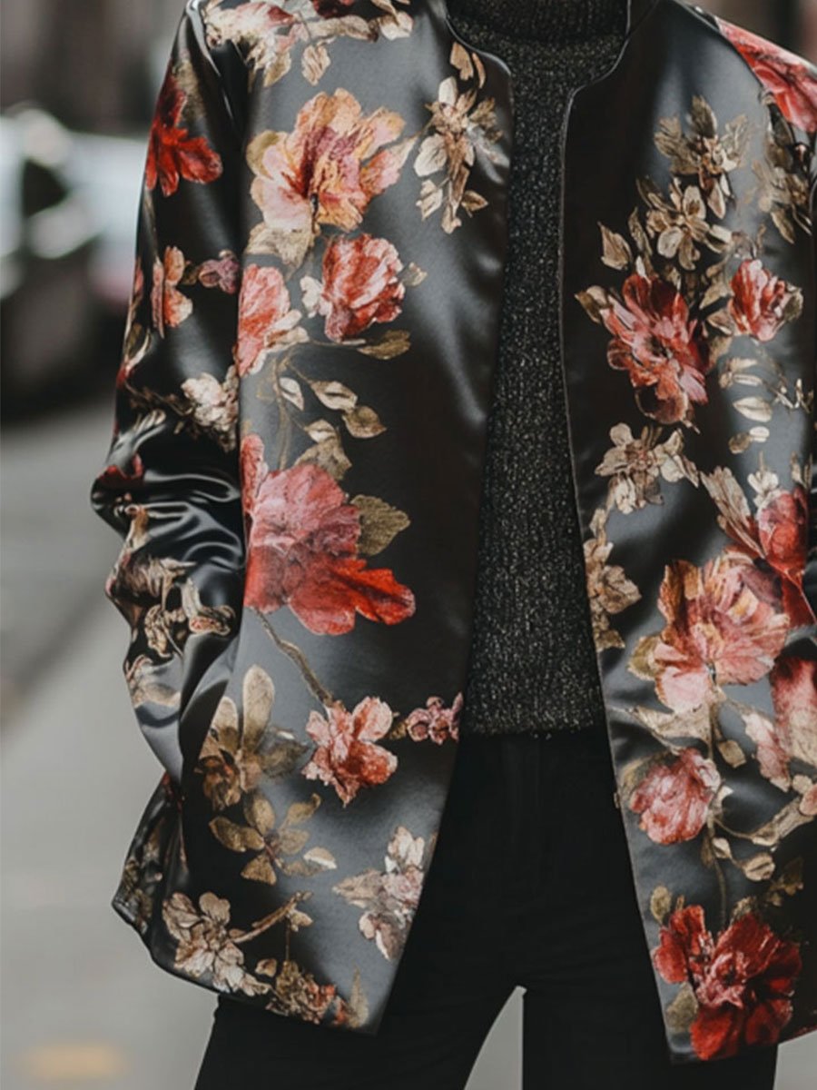 Night Garden Satin Jacket with Vintage Floral Print