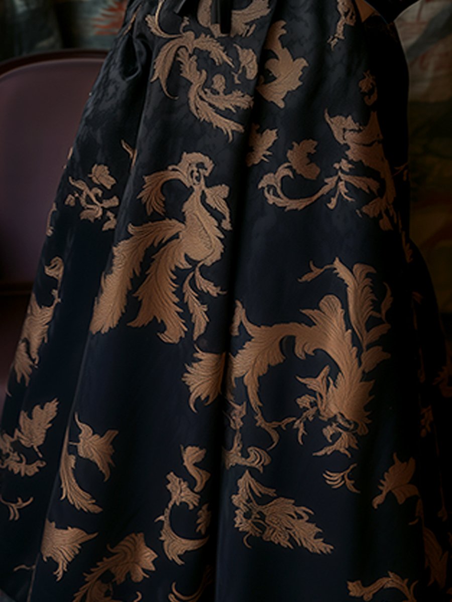 Black Satin Jacquard Dress with Gold Scrollwork and Shawl Collar