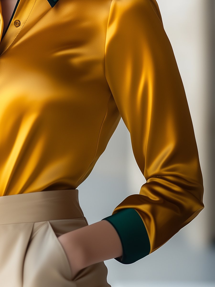 Golden Satin Blouse with Forest Green Contrast Collar