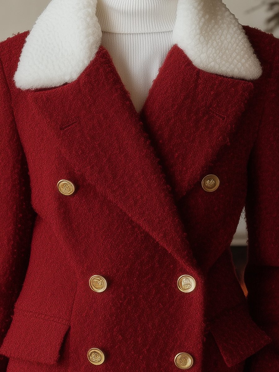 Elegant Red Woolen Blazer with Shearling Collar