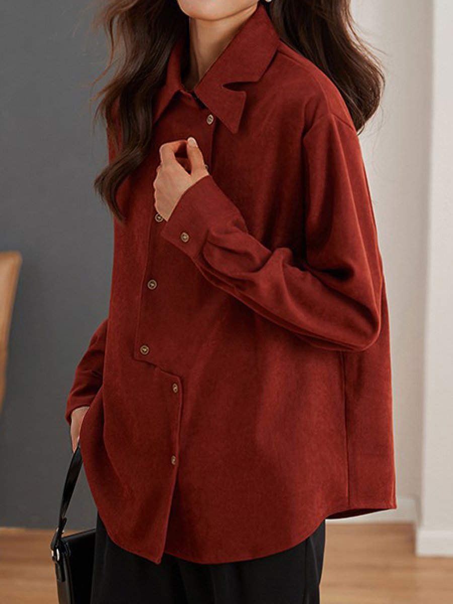 Chic Burgundy Shirt with Unique Collar and Button Design
