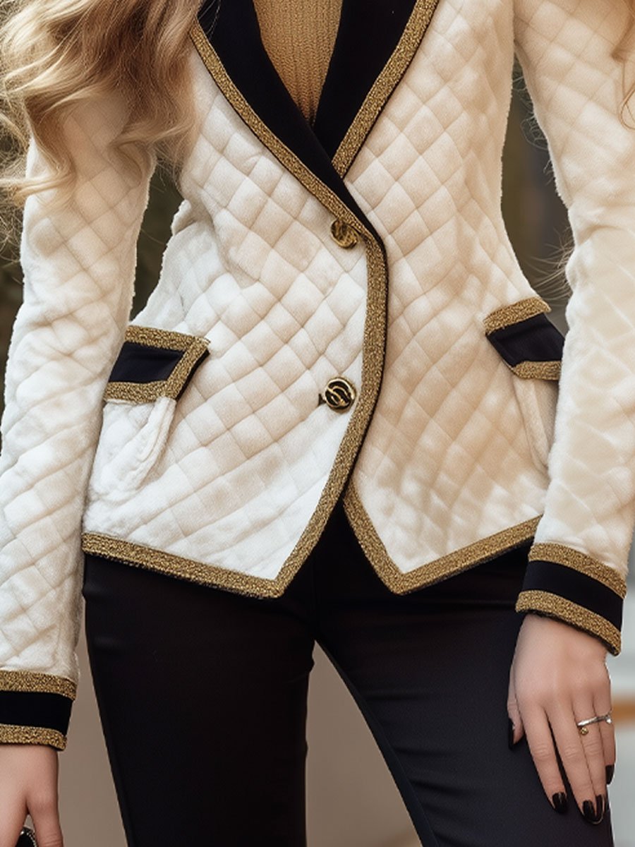 Chic White Quilted Blazer with Black Contrast and Gold Accents