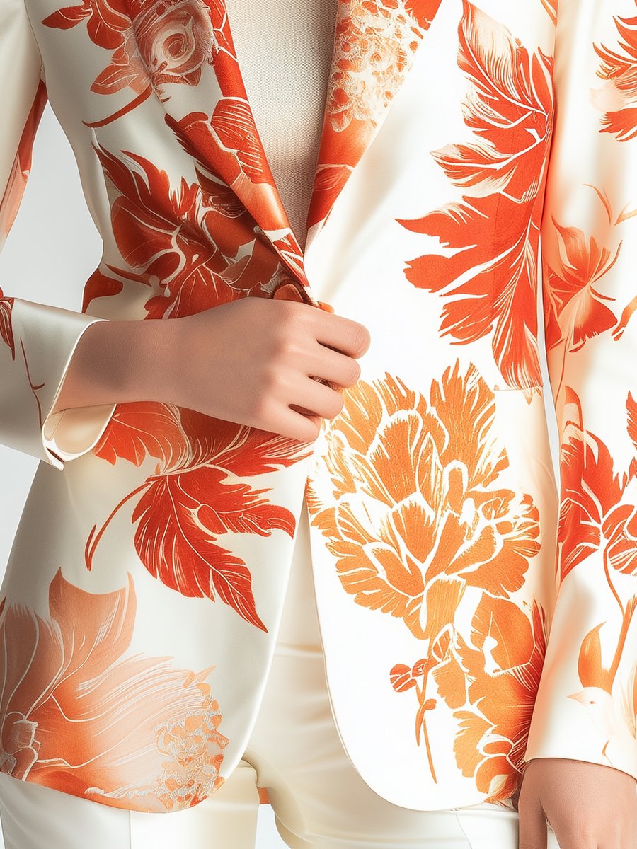 Ivory Satin Blazer with Vibrant Orange Floral Patterns