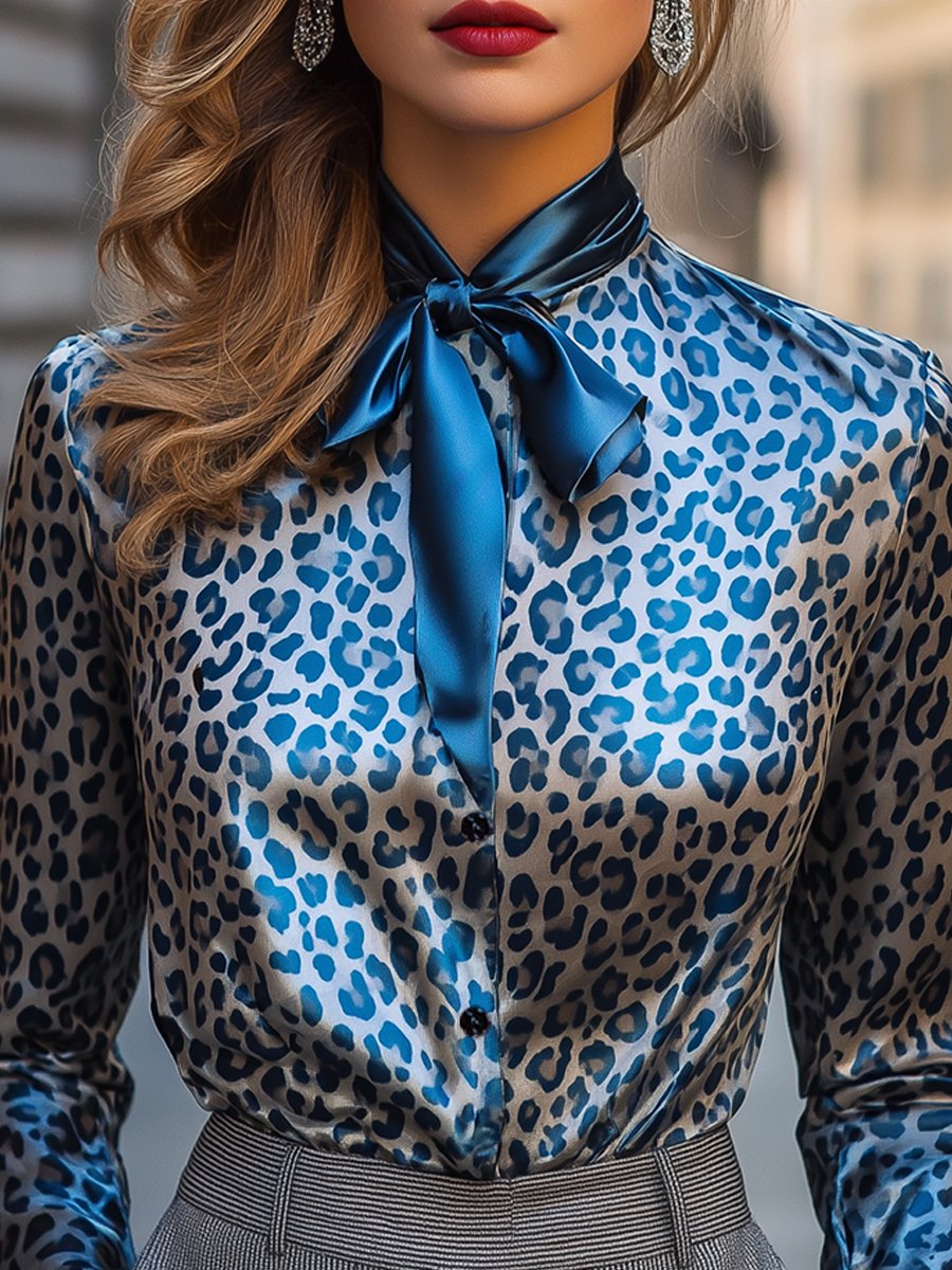 Chic Blue Leopard Satin Blouse with Statement Bow Collar
