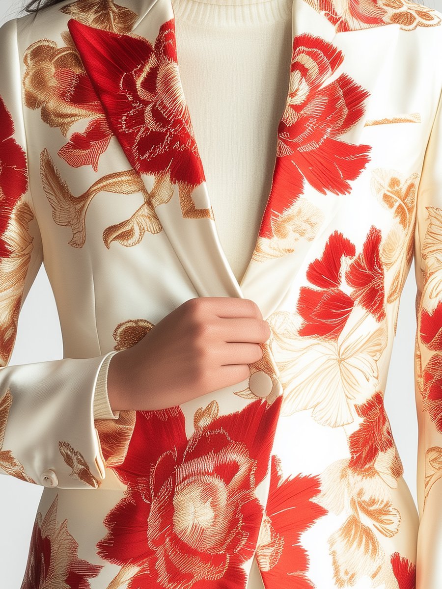 Ivory Satin Blazer with Red and Gold Statement Florals
