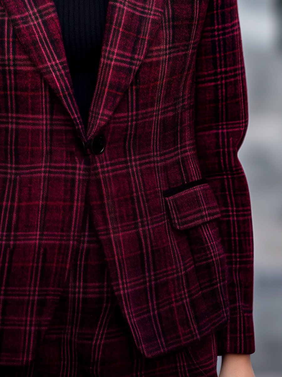 Classic Red Plaid Wool Blazer with Tailored Fit
