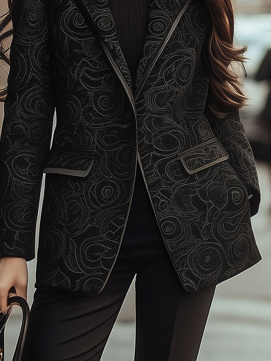 Chic Black Blazer with Intricate Patterns