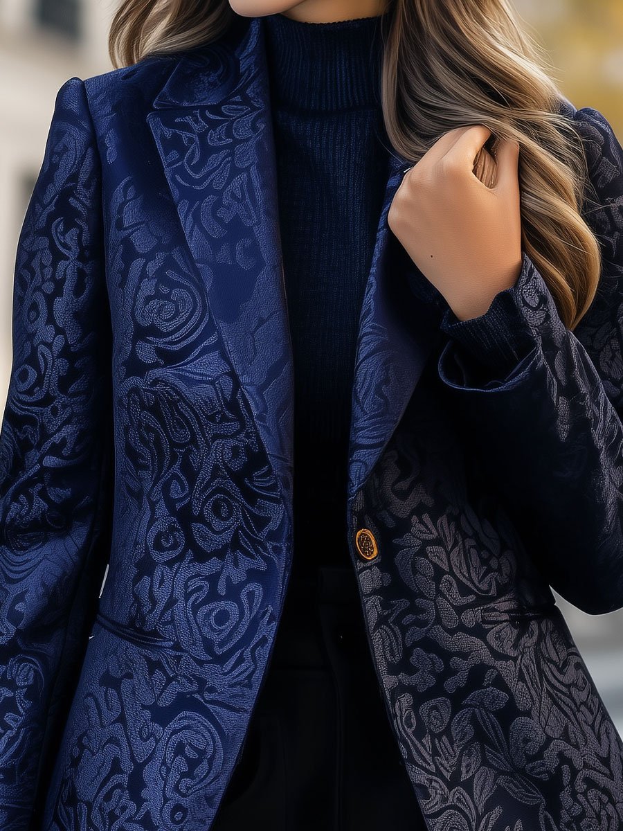 Luxurious Midnight Blue Brocade Blazer with Textured Details