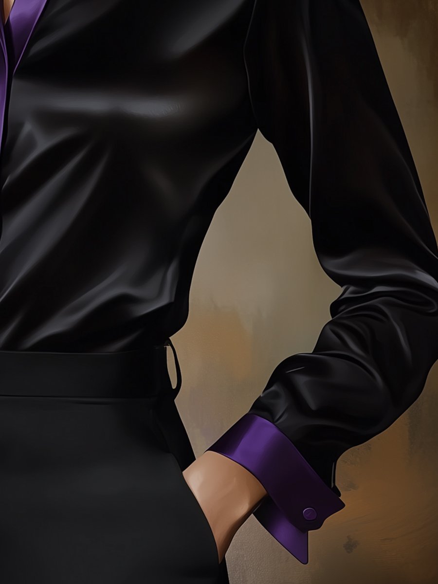 Midnight Black Satin Blouse with Deep Purple Accents
