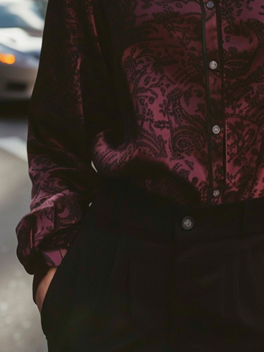 Chic Burgundy Jacquard Button-Up Blouse