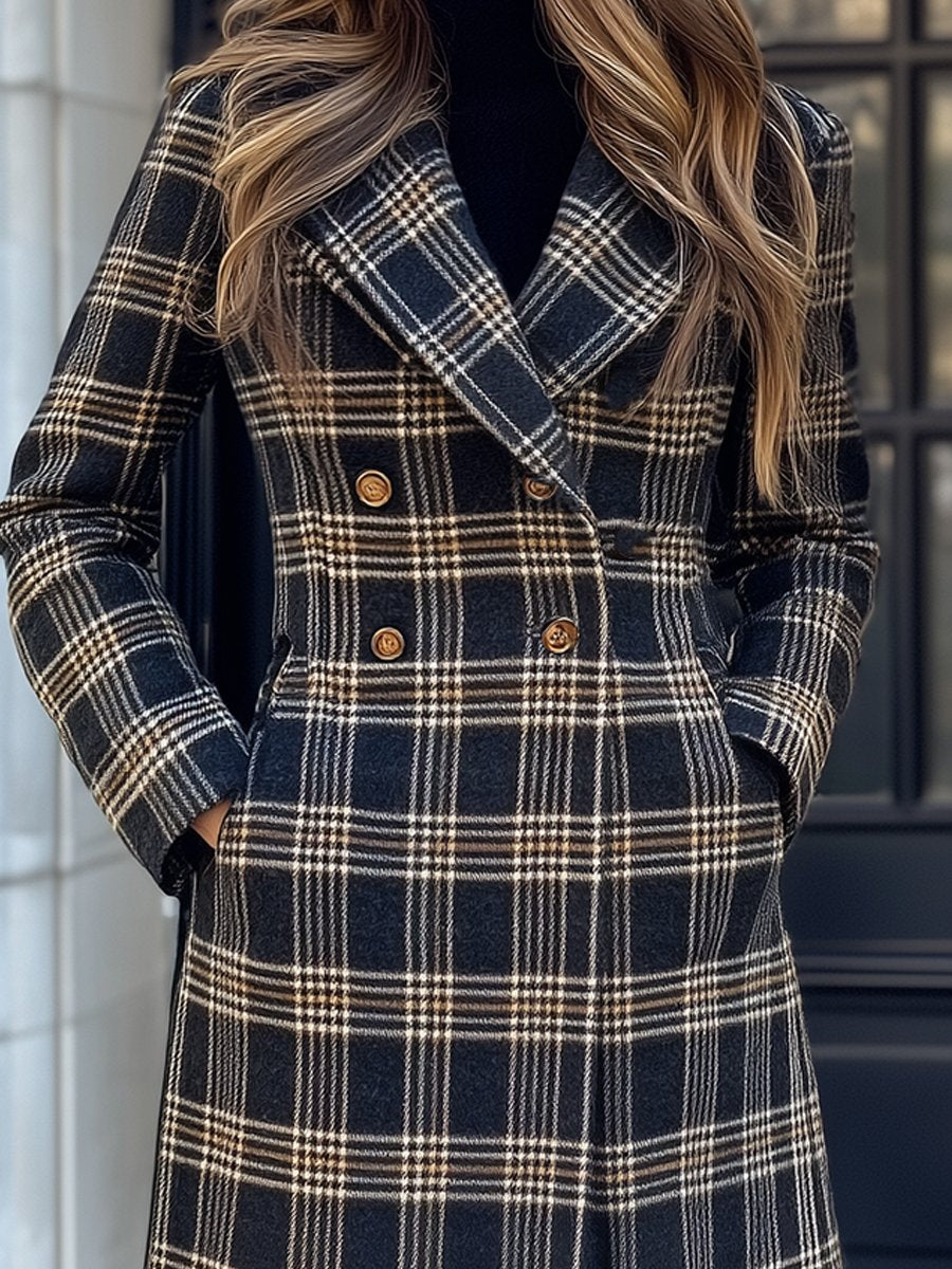 Classic Black and Beige Plaid Double-Breasted Wool Coat