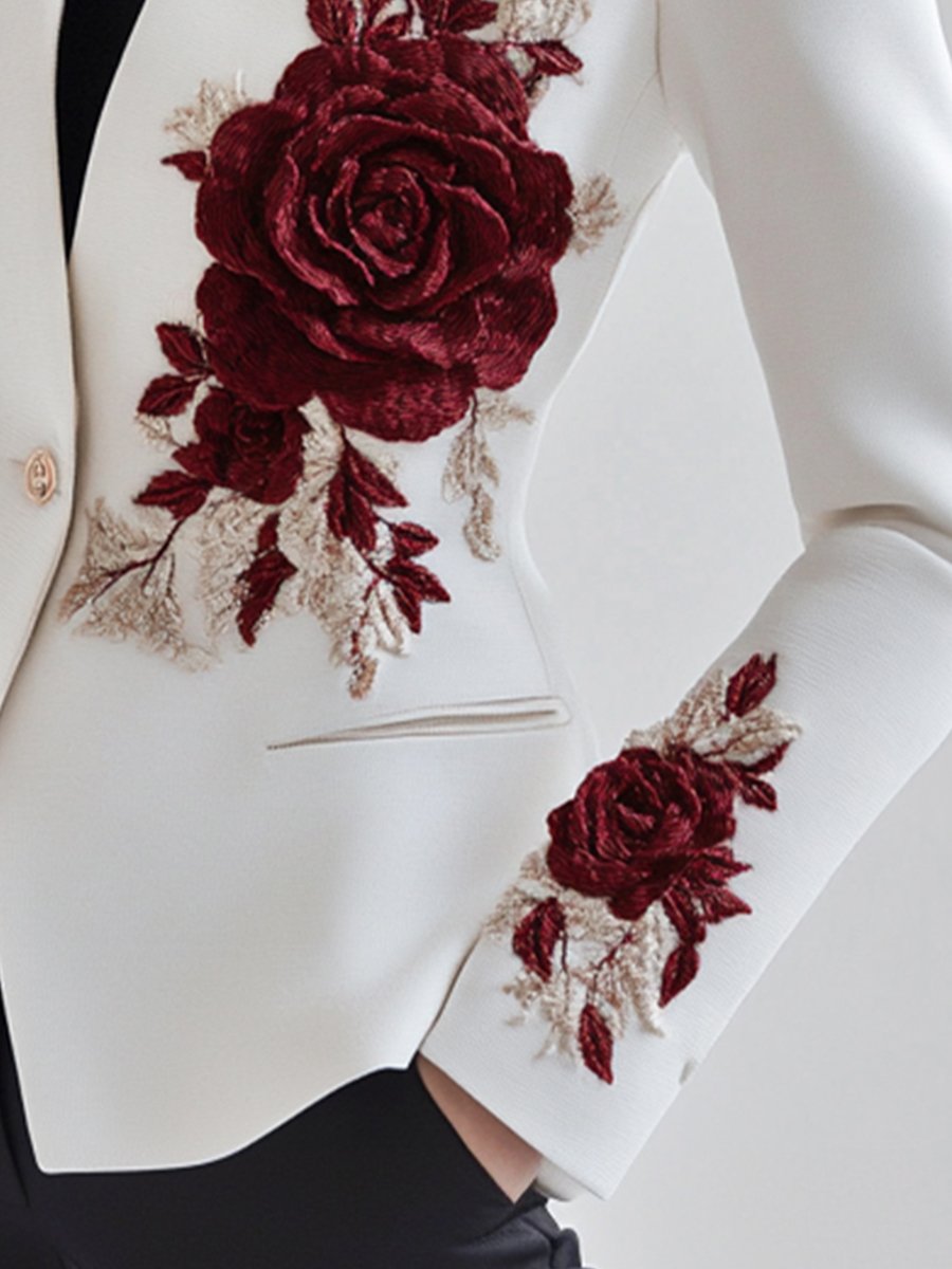 Chic White Blazer with Red Rose Embroidery