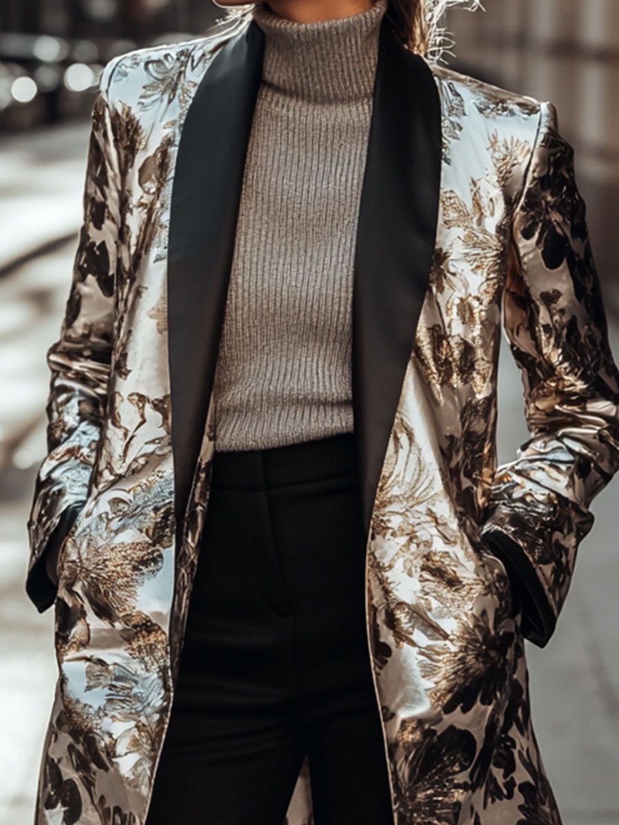 Satin Floral Coat with Statement Lapel