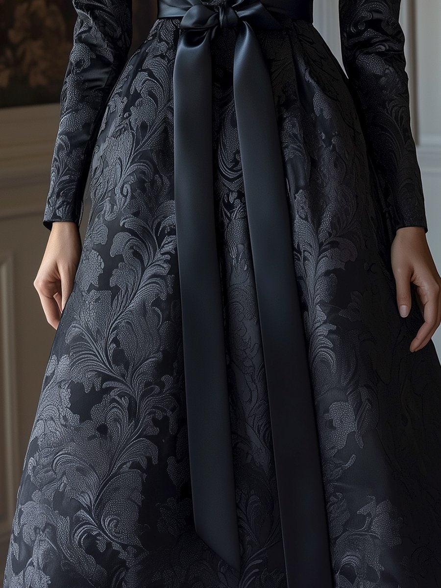 Black Satin Jacquard Dress with Elegant Floral Design and Belted Waist