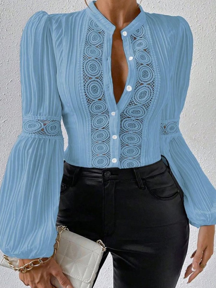 Sophisticated Long-Sleeve Lace Trim Blouse