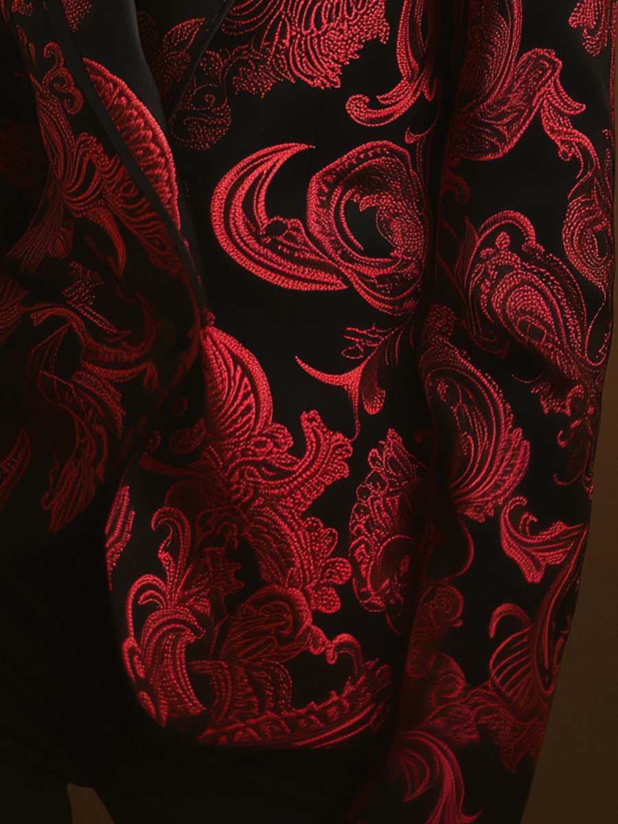 Refined Black Satin Jacquard Blazer with Red Baroque Design