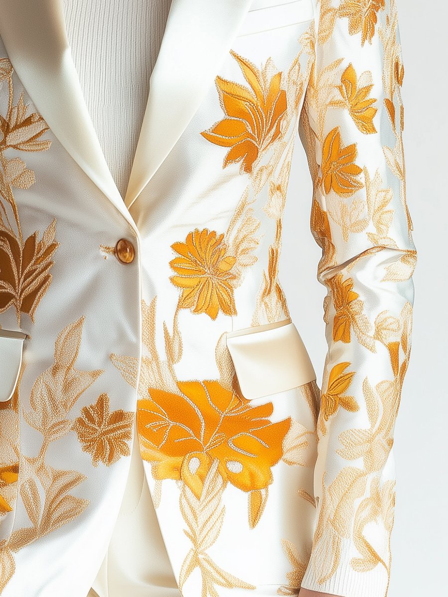 Ivory Satin Blazer with Golden Yellow Floral Motifs