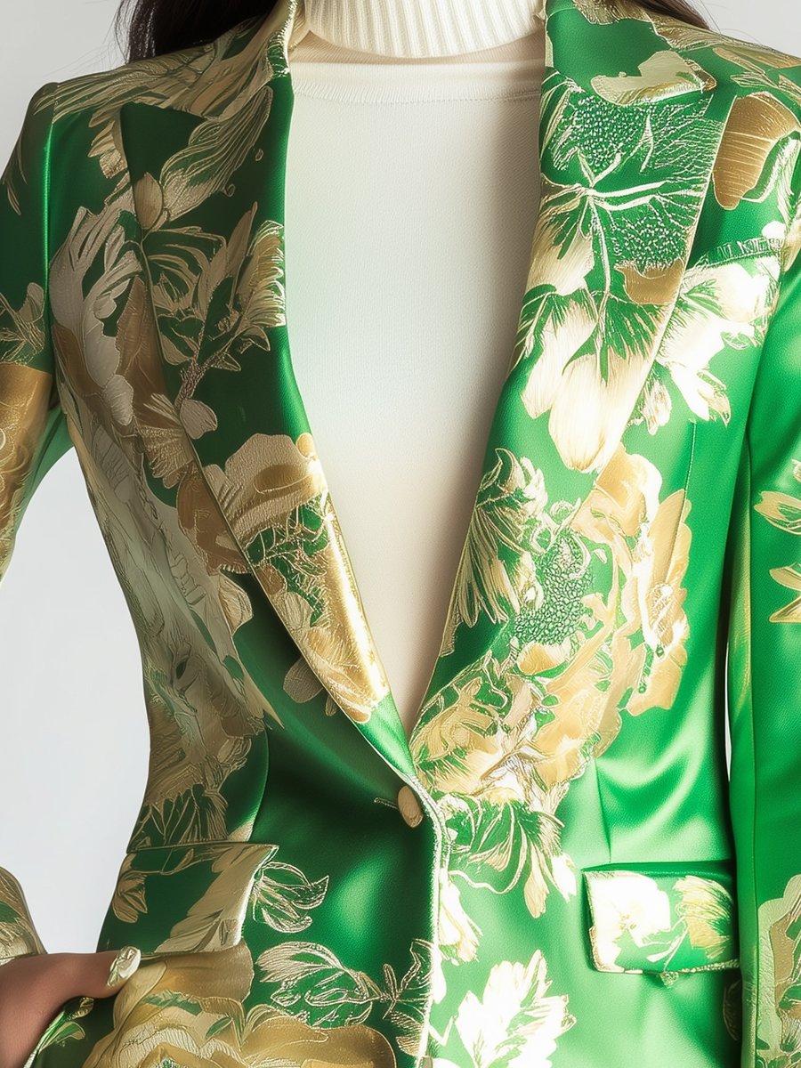 Elegant Green Satin Blazer with Golden Botanical Patterns