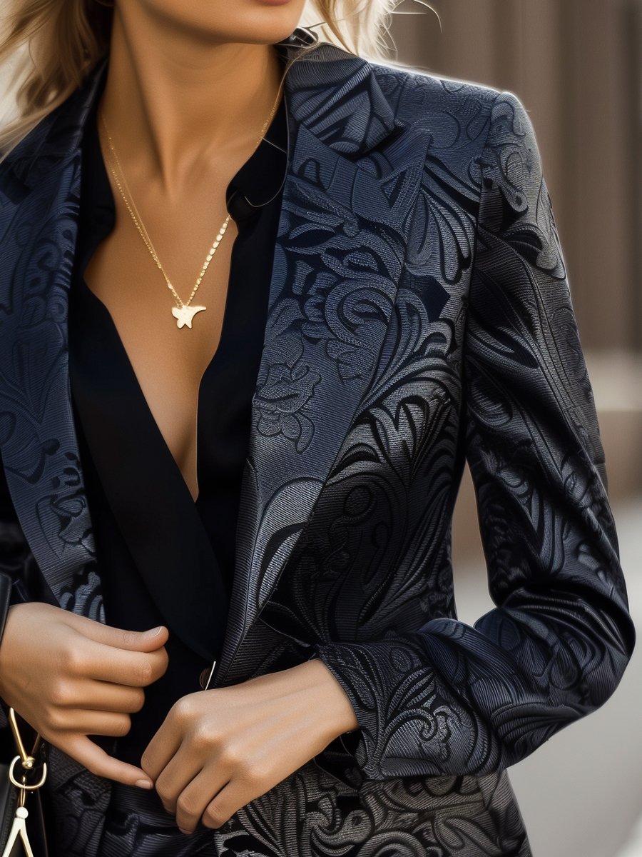 Sophisticated Black Jacquard Blazer with Floral Motifs