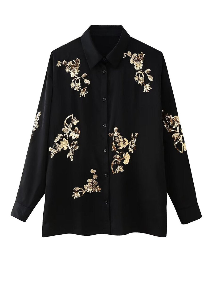 Sequin Embroidered Loose Long-Sleeved Blouse