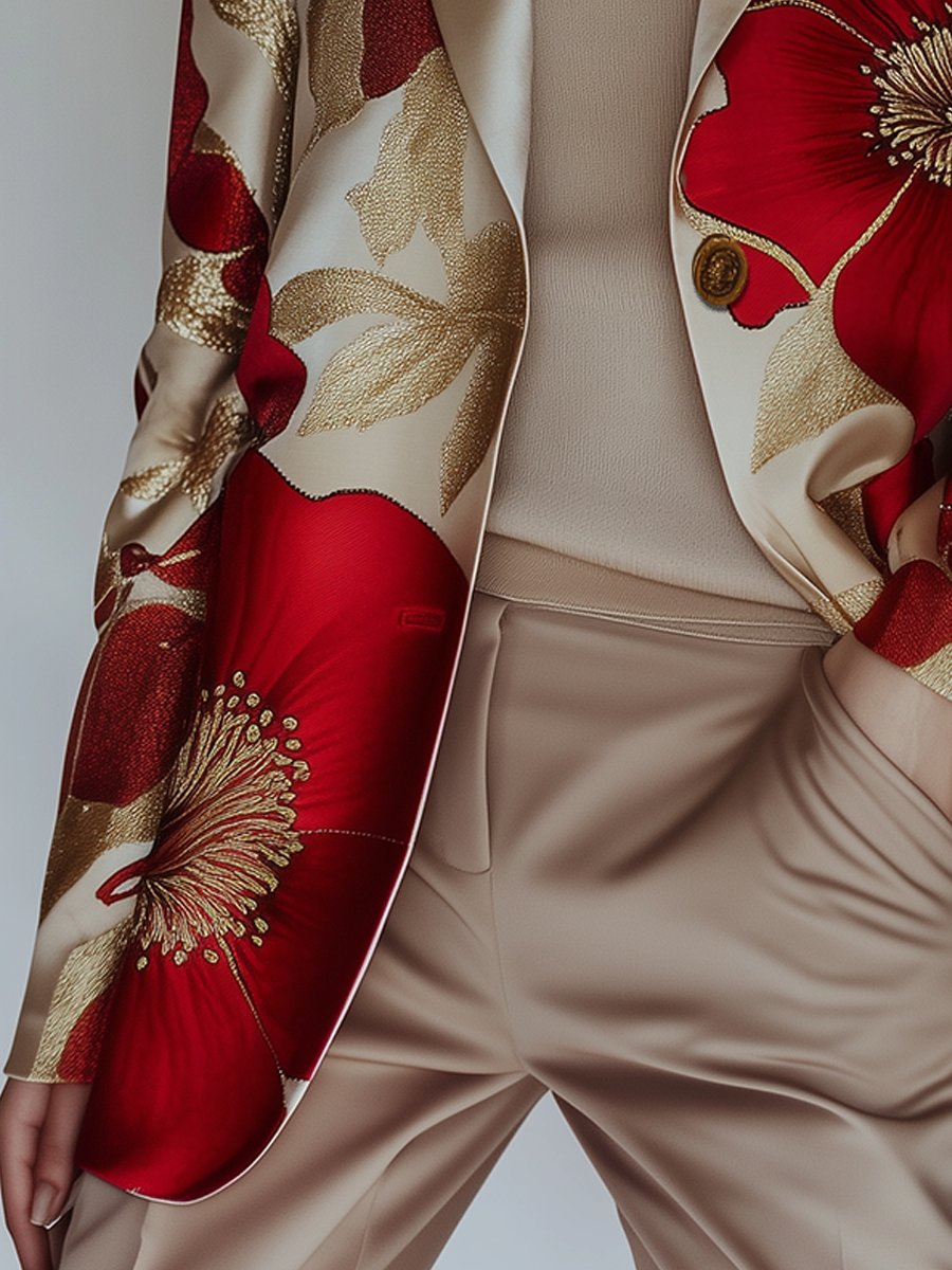 Ivory Satin Blazer with Bold Red Floral Printed