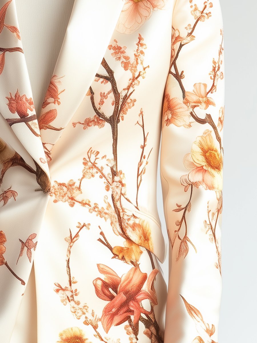 Ivory Satin Blazer with Warm Autumn Blossoms