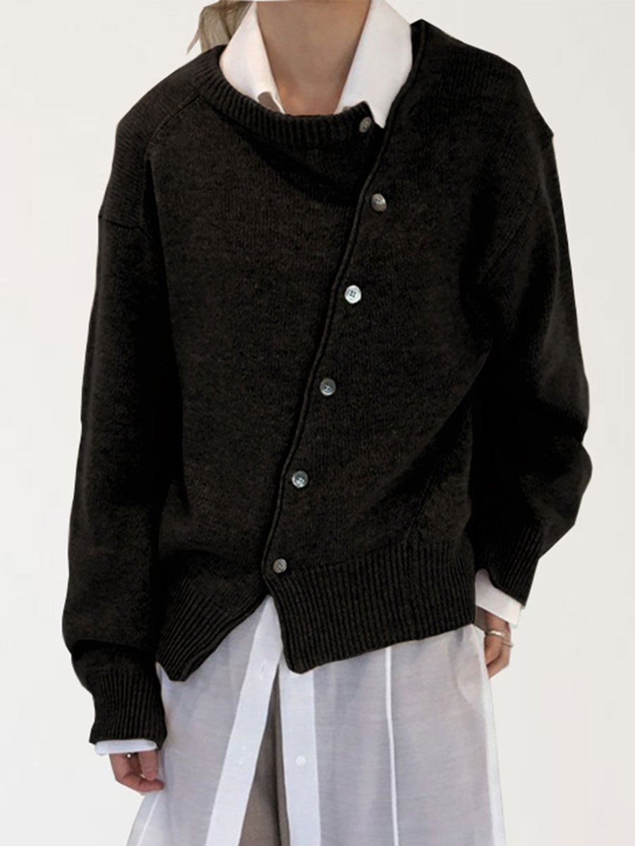 Asymmetric Buttoned Plain Cardigan