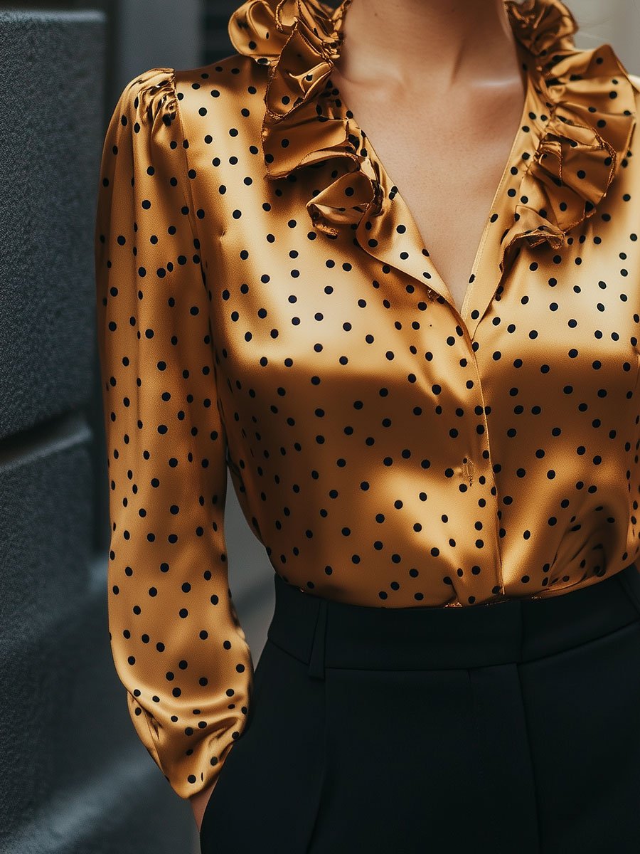 Ruffled Satin Blouse with Polka Dots