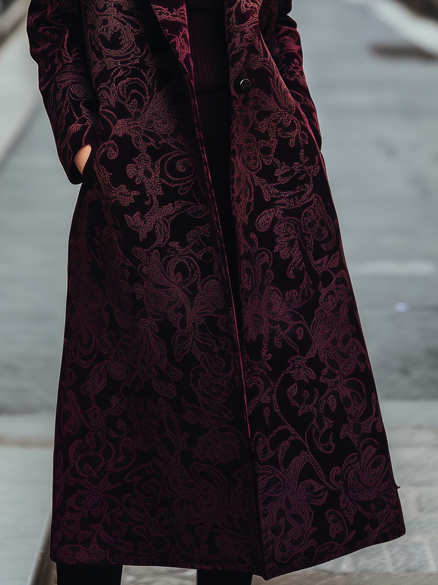 Burgundy Long Coat with Intricate Jacquard Pattern