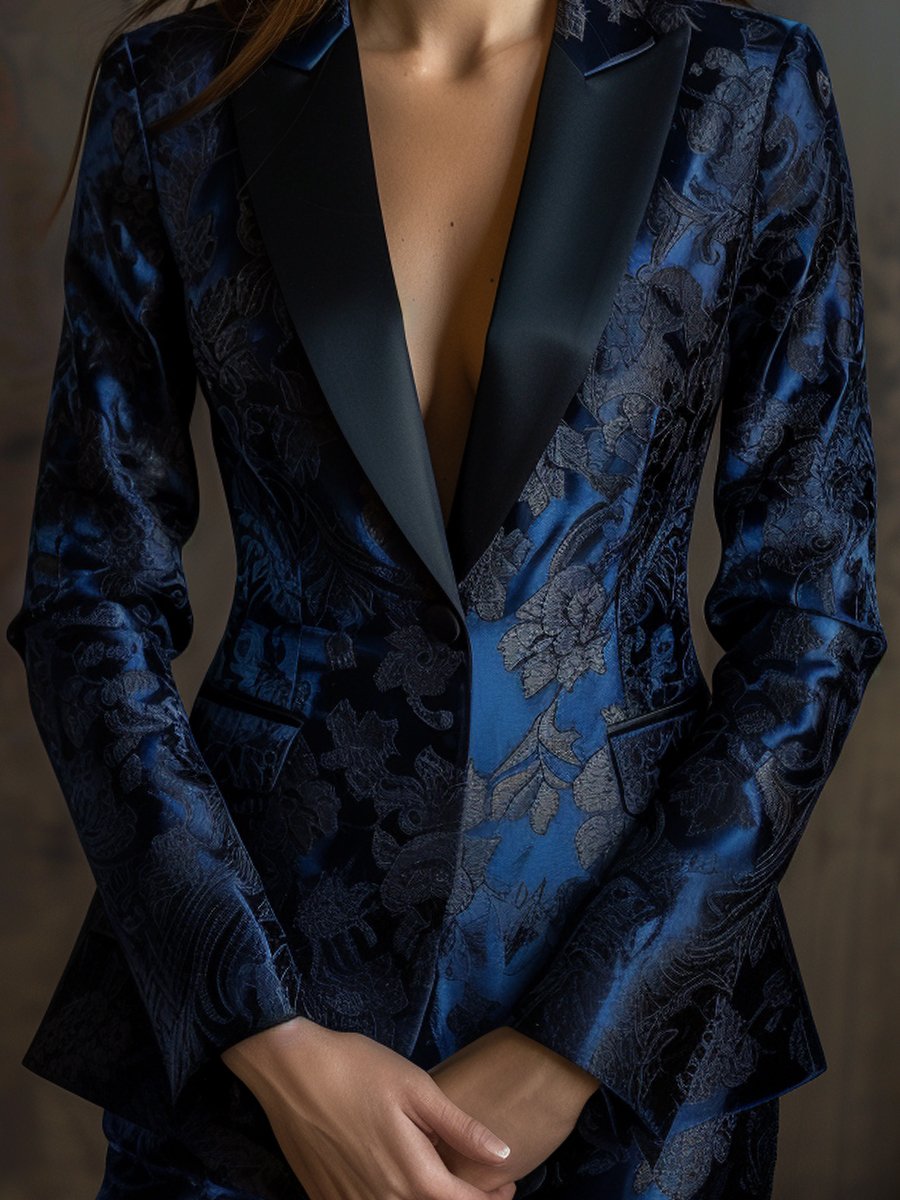 Navy Satin Jacquard Blazer