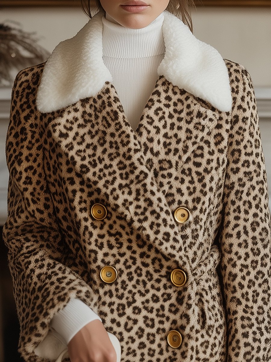 Leopard Print Double-Breasted Coat with Gold Buttons and Shearling Collar