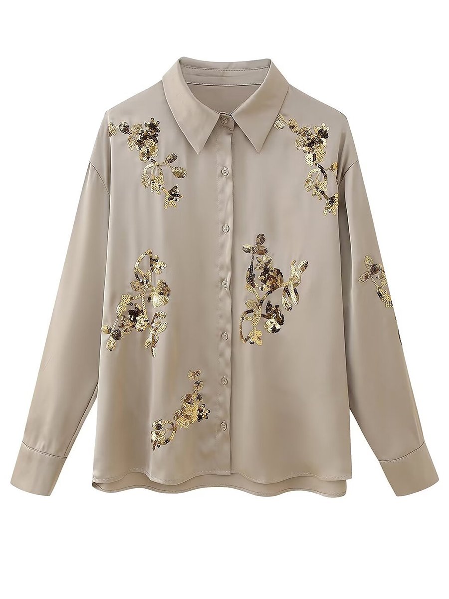 Sequin Embroidered Loose Long-Sleeved Blouse