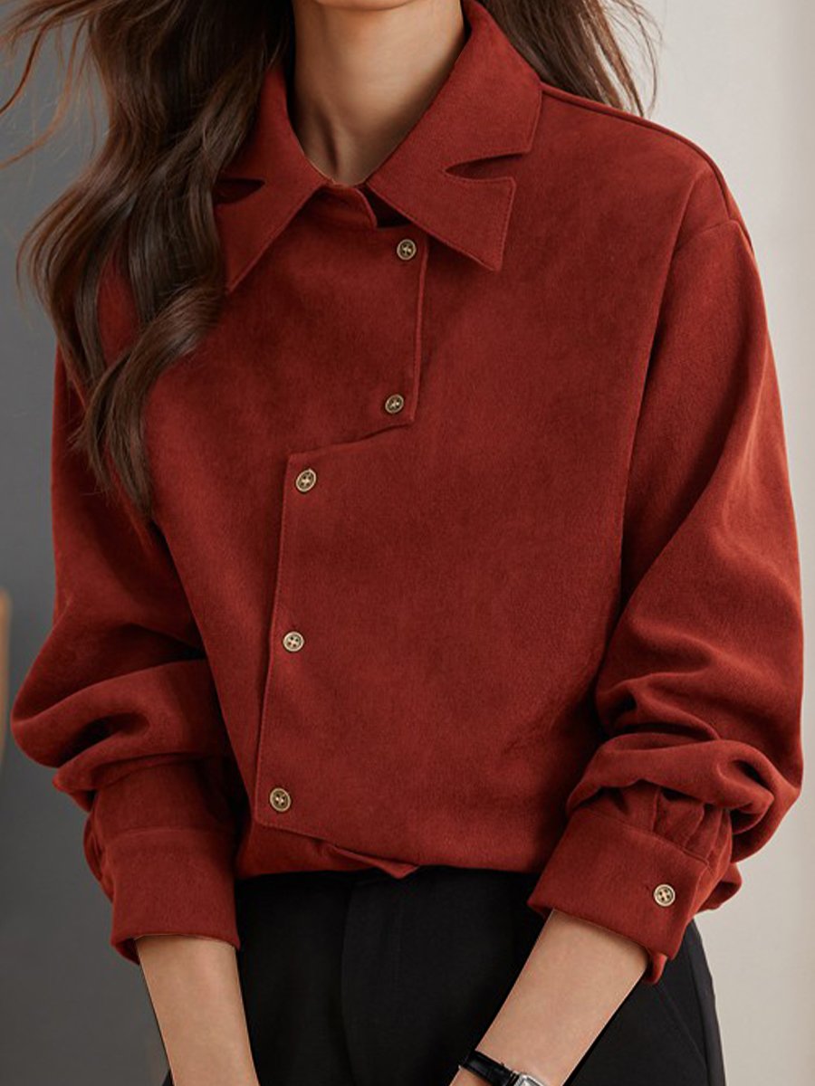 Chic Burgundy Shirt with Unique Collar and Button Design