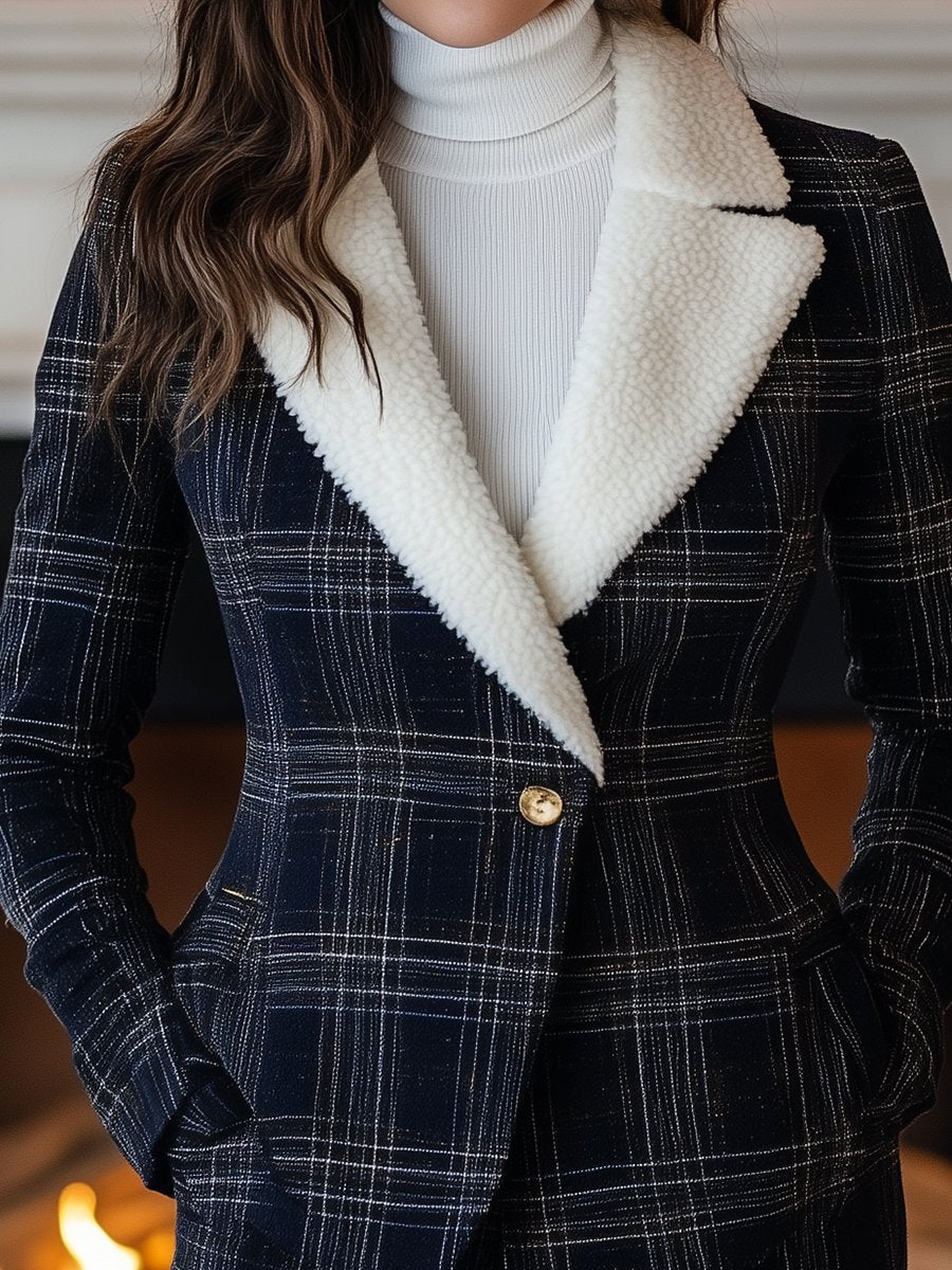 Navy Check Blazer with Shearling Collar