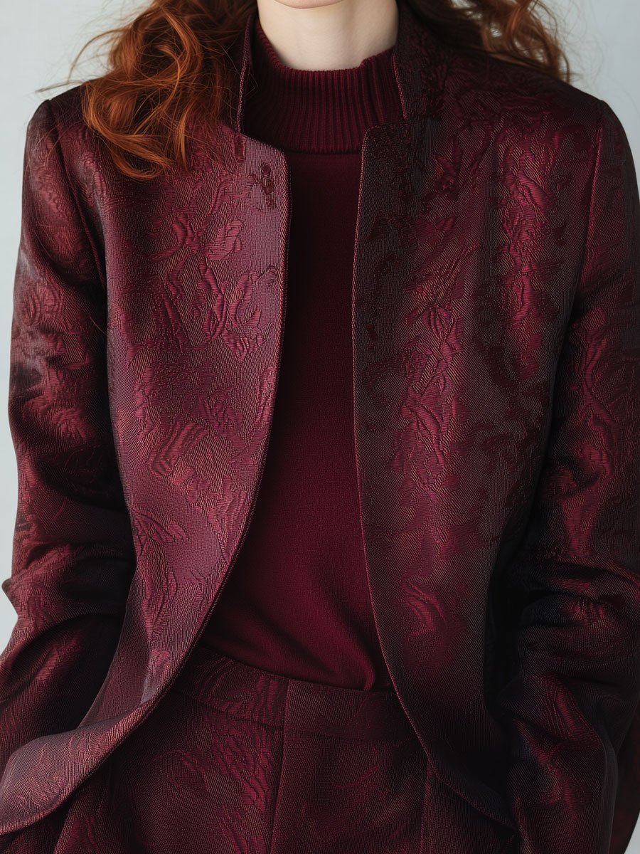 Elegant Burgundy Jacquard Jacket