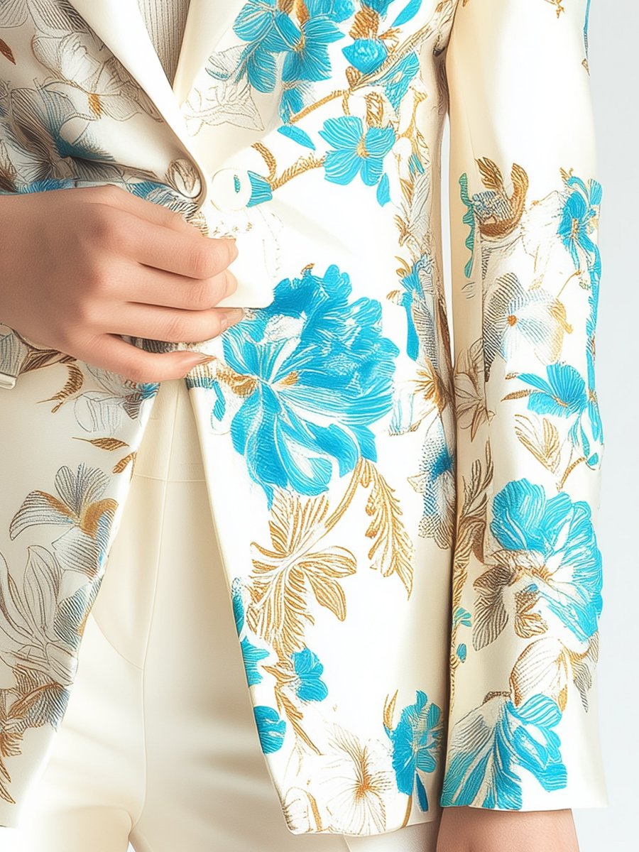Ivory Satin Blazer with Aqua Floral Charm