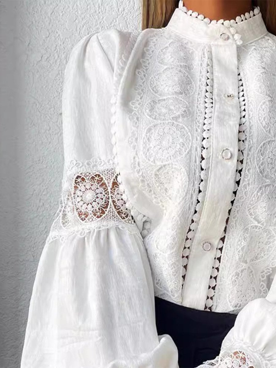 Chic in Lace: Statement White Blouse with Balloon Sleeves